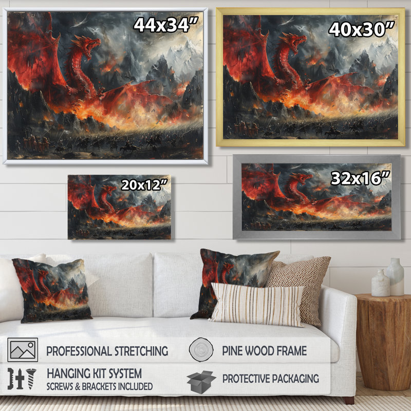 Épopée de bataille entre les dragons et les militaires III - Dragons, art mural, Toile encadrée noire simple