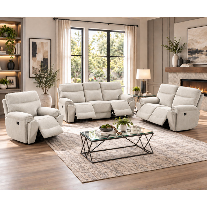 Ensemble de salon inclinable Maddox 3 pièces en tissu texturé avec canapé, causeuse, fauteuil et porte-gobelets dissimulés