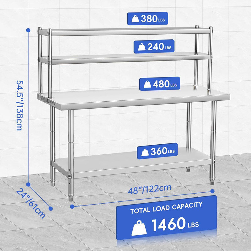 Table de travail 48 po x 24 po en acier inoxydable avec tablettes, table de préparation commerciale robuste NSF, tablette réglable et crochets