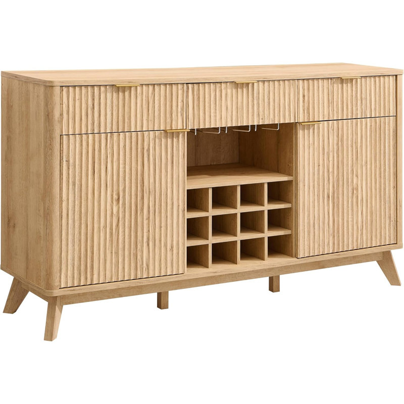 60"W Wine Coffee Bar Cabinet Natural Weathered Finish With 3 Drawers, Wine & Glass Rack, Tan