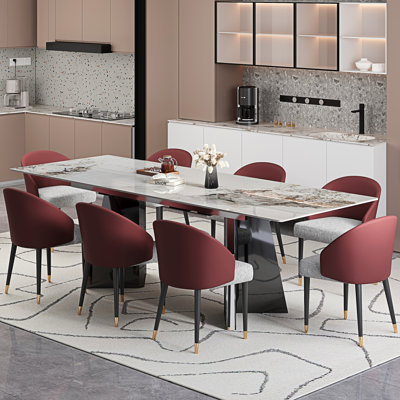 9 - Piece Faux Marble Dining Table Set With 94.5” Rectangular Extendable Sintered Stone Top And 8 Faux Leather Chairs