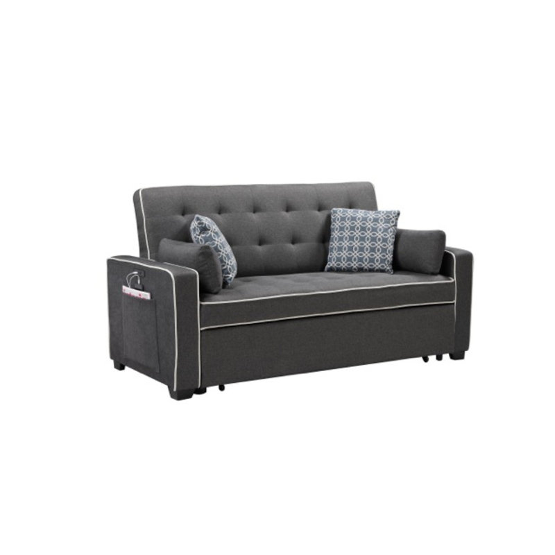 Canapé-lit moderne en tissu gris 70 po avec 2 ports de chargement USB et 4 coussins décoratifs Modern