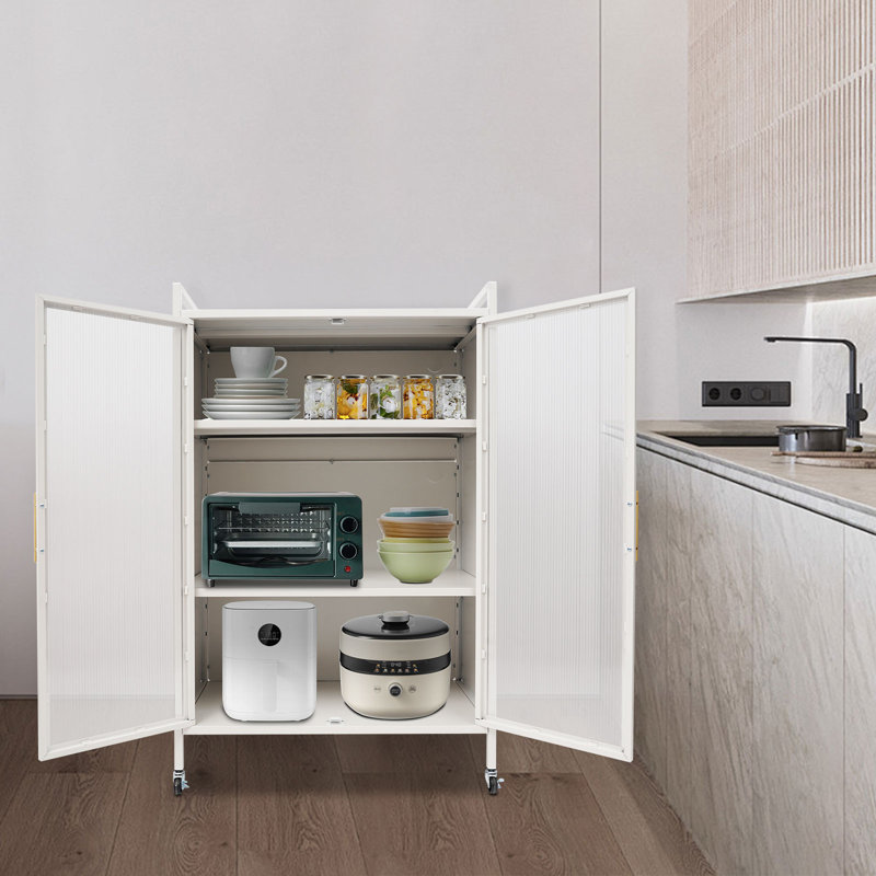 Armoire de rangement à 4 niveaux avec portes, support pour micro-ondes mobile et organisateur de garde-manger avec tablettes réglables, chariot utilitaire en acier avec roues pour le salon, le bureau