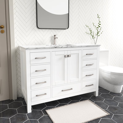 Anvay 48 in. Single Sink Freestanding Bath Vanity in Matte White with Carrara Marble Top