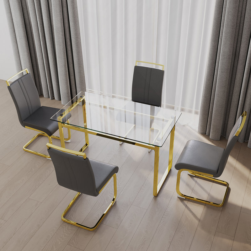 Ensemble de table de salle à manger pour 4, ensembles de table et chaises avec pieds dorés, plateau en verre trempé