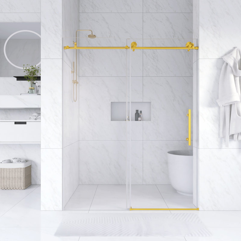 56 In. -60 In. W × 76  In. H Frameless Shower Door With 1/4"Clear  Tempered Glass In Brushed Gold  |  Explosion Proof Film |   Stainless Steel Handle