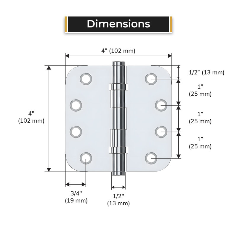 Deltana DSB4R53-UNL 4" x 4" x 5/8" Radius Hinges in Unlacquered Brass Pair, Polished Chrome