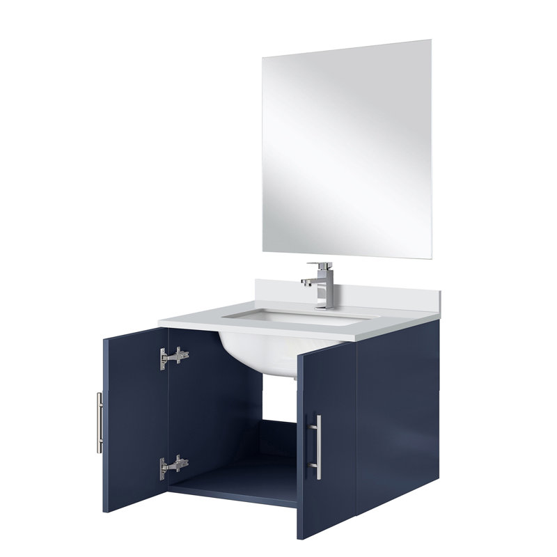 Meuble-lavabo 24 po x 22 po bleu marine avec comptoir en quartz blanc, miroir 18 po et robinet inclus