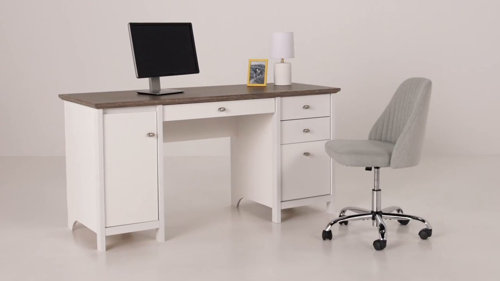 94 Two Person Double Computer Desk Modern Off White & Silver Office Desk with 4 Drawers & 1 Door