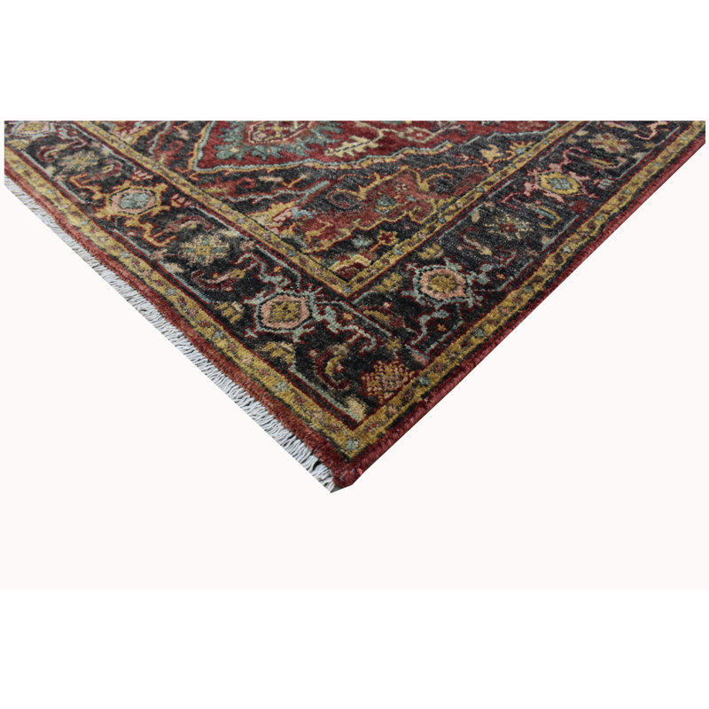Hand-Knotted High-Quality Charcoal and Red Area Rug, Rectangle 2'7" x 4'3"