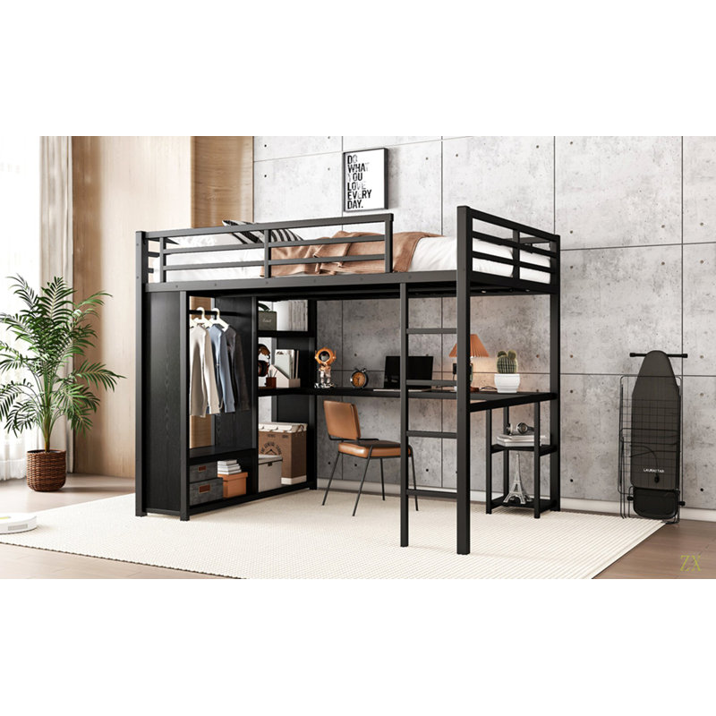 Structure de lit mezzanine grand format avec garde-robe intégrée, lit mezzanine en métal avec bureau et tablettes de rangement