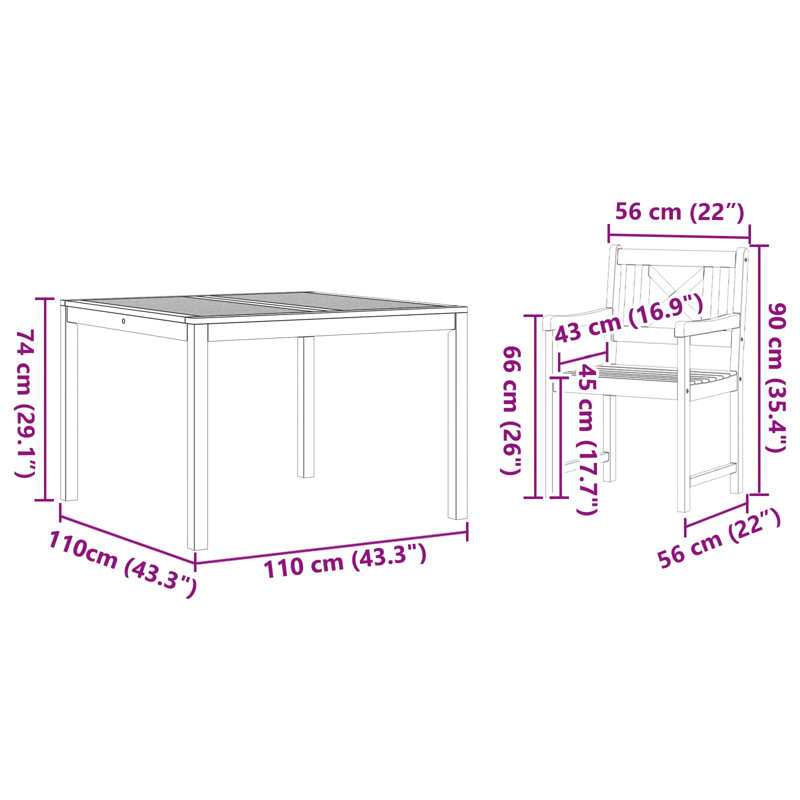 2 - Person Wood Patio Dining Set with Square Table, 75cm H x 110cm W x 110cm D