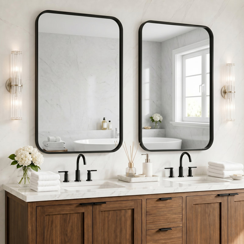 Miroir mural en métal, Noir mat, 36 po x 24 po, Coin arrondi