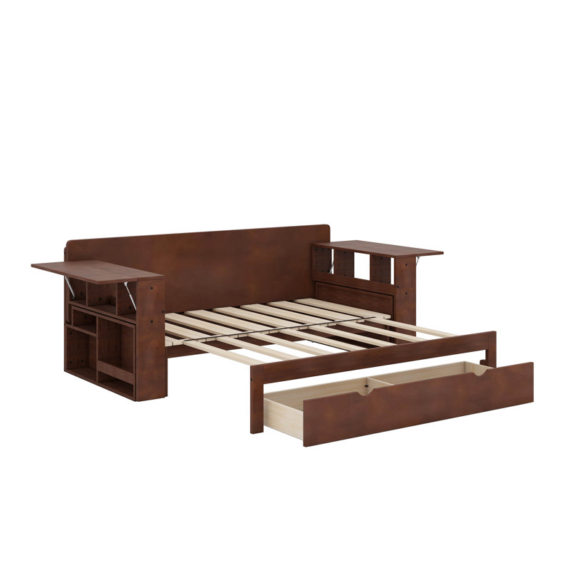 Lit de jour double avec bureau amovible, tiroirs de rangement et table d'appoint hydraulique, Complet/Double, Espresso
