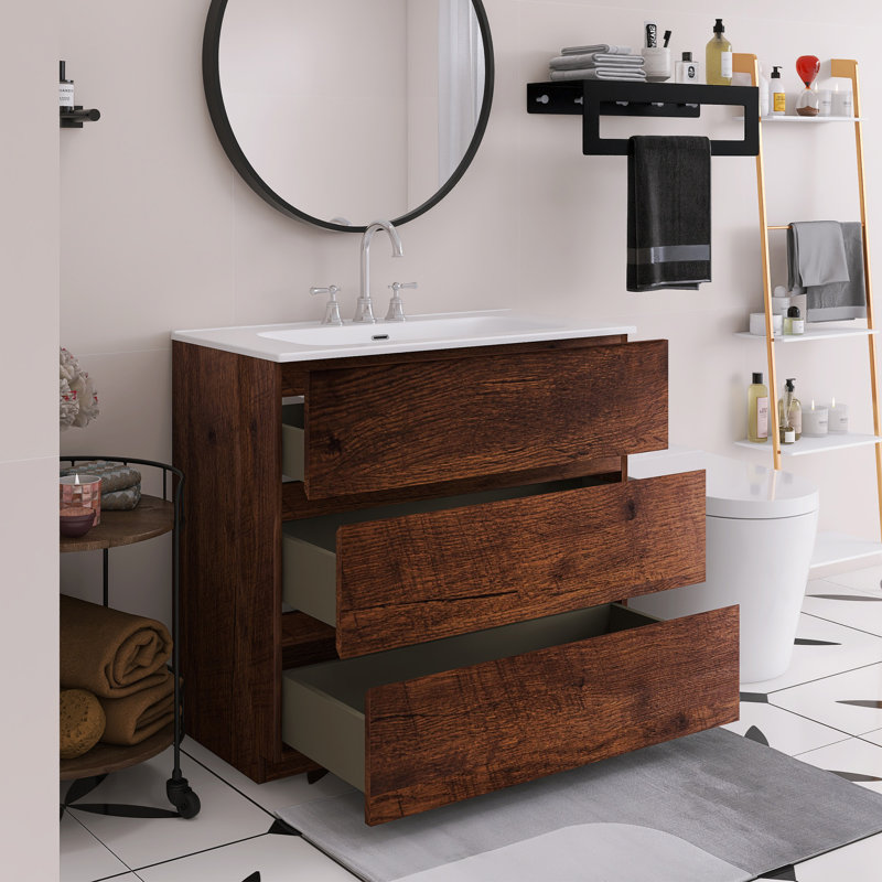 36" Free-Standing Bathroom Vanity With Ceramic Sink, Walnut