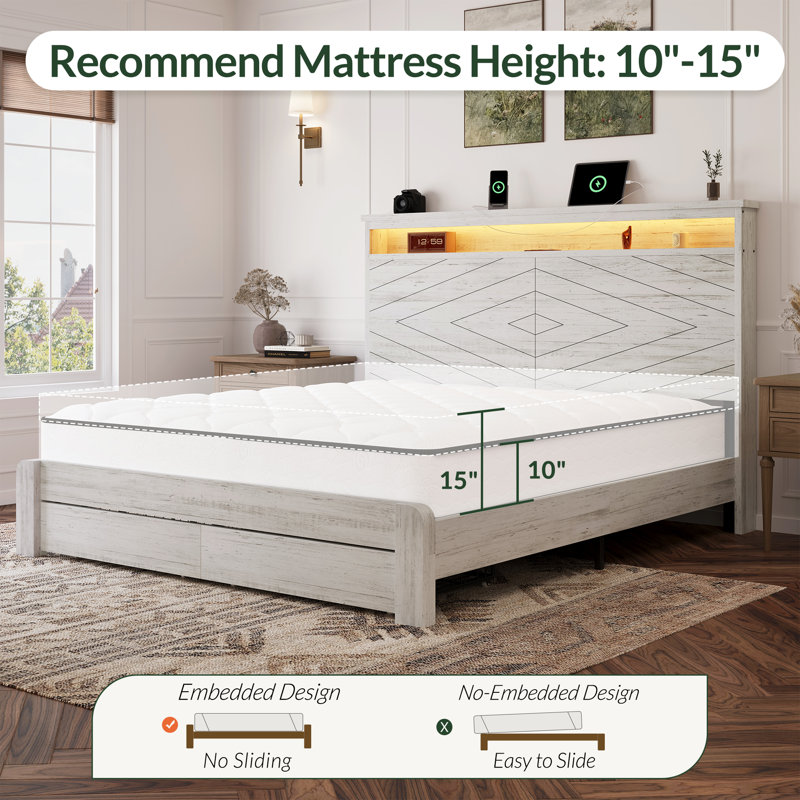 Metal Bed Frame With 2-Tier Storage Headboard,  2 Storage Drawers, Built In Charging Station & Led, Queen