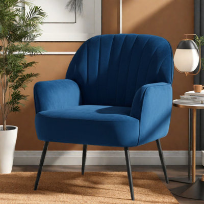 Modern Velvet Accent Chairs, Comfy Blue Upholstered Armchair With Metal Legs For Home And Office