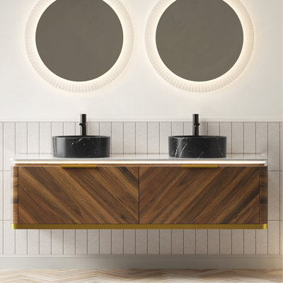 Meuble-lavabo 60 po, meuble-lavabo flottant en contreplaqué 60 po, 2 tiroirs avec capteur de lumière, 2 lavabos ronds en céramique à motif de pierres noires et plateau en pierre frittée, noyer foncé pré-assemblé