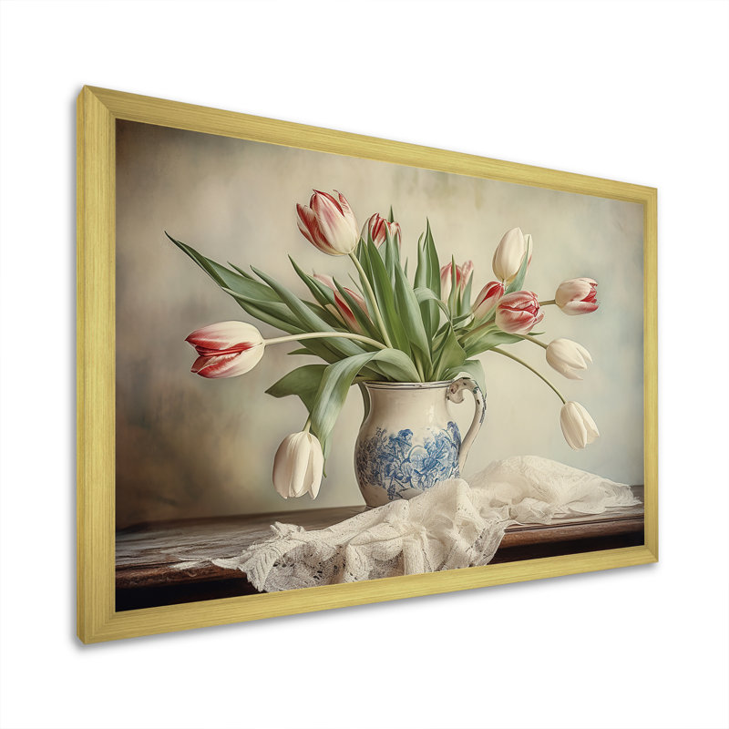 Tulipes, bouquet de natures mortes VI sur toile, H 12 po x l 20 po x P 1 po, Cadre doré simple