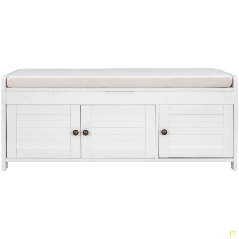 Storage Bench With 3 Shutter-Shaped Doors, Shoe Bench With Removable Cushion And Hidden Storage Space, White