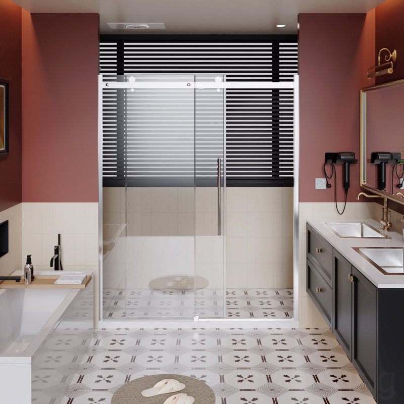 Frameless Design Shower Door Single Sliding Opening, 1/4 " Thick Clear Tempered Shower Door With Zinc Roller Rail System, Stainless Steel Handle