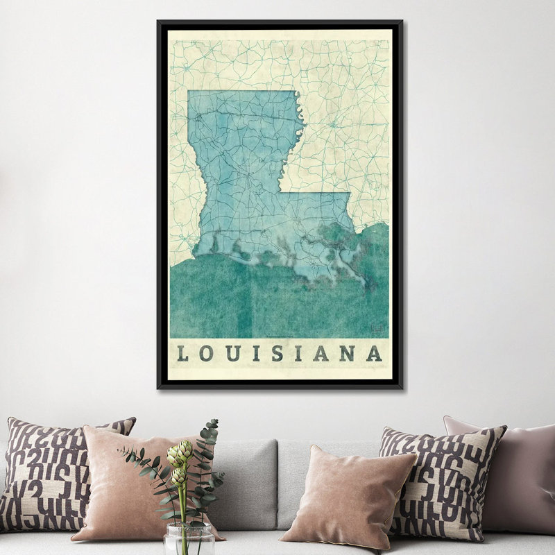 « louisiana map », impression sur toile, H 26 po x l 18 po x P 1,5 po, Toile avec cadre noir, Pas de tapis