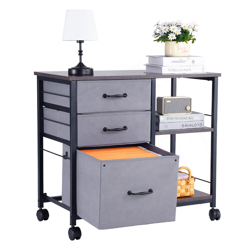 Classeur mobile en métal avec tiroirs en tissu et tablettes ouvertes