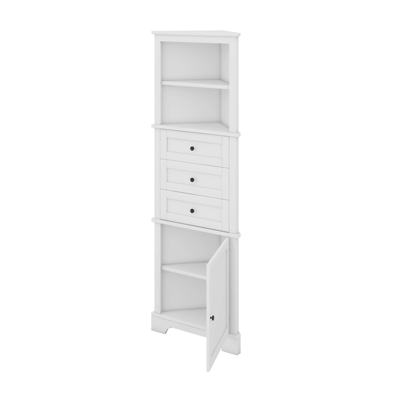 Armoire haute de rangement triangulaire avec 3 tiroirs et tablettes réglables