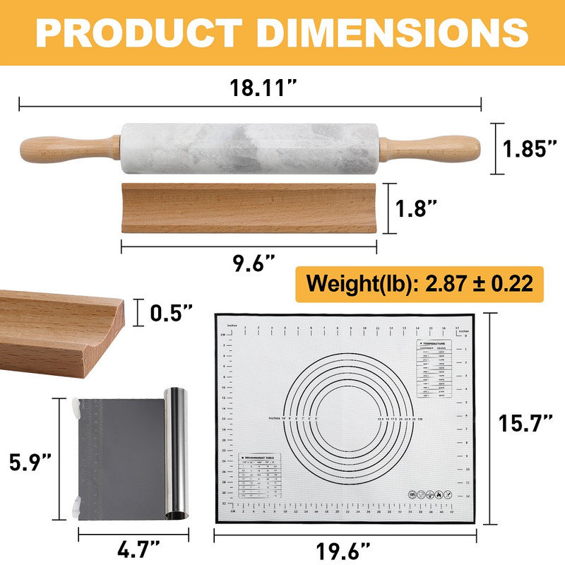 Marble Rolling Pin Set,Grigio Fantasy
