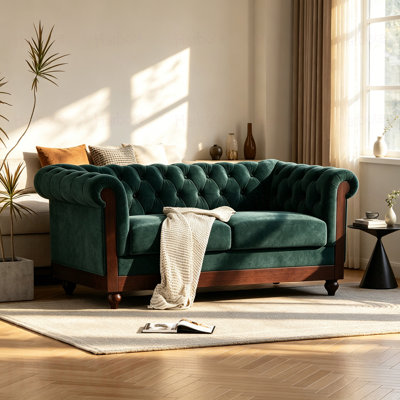 Canapé Chesterfield en velours avec accoudoirs roulés pour 2 personnes avec bouton capitonné pour salon, chambre à coucher, petits espaces, vert forêt Chesterfield