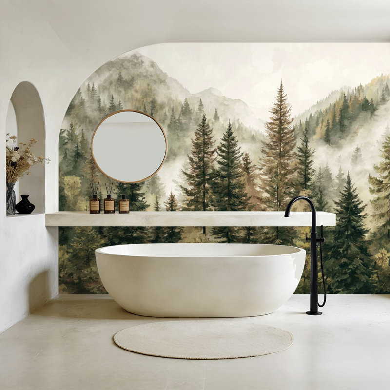 Papier peint auto-adhésif Misty Forest Landscape Aquarelle Serene Mountain Pine Trees, L 144 po x l 100 po