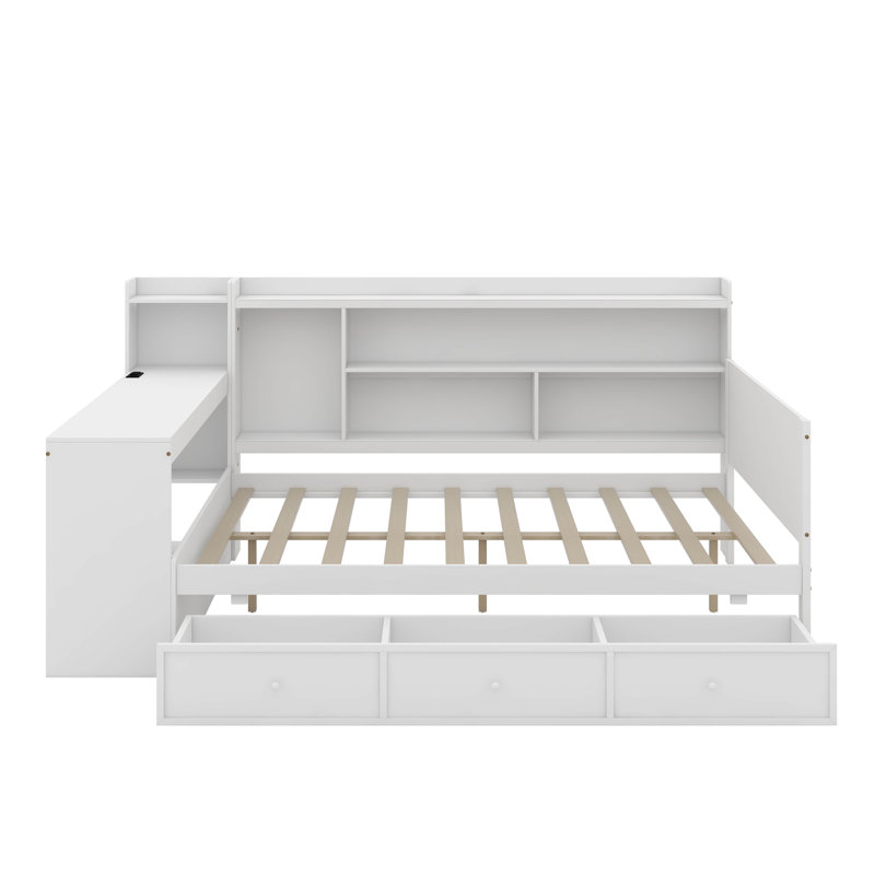 Full Size Wooden Daybed With Drawers, USB Ports And Desk, White