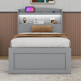 Twin XL Size Platform Bed with LED Headboard, Charging Station, Twin Size Trundle and 2 Drawers