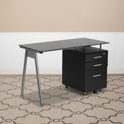 Jauss Computer Desk with Tempered Glass Top and Three Drawer Pedestal