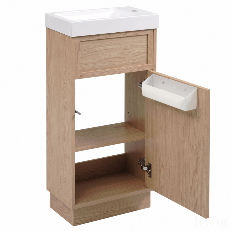 Meuble-lavabo de 15,75 po avec lavabo réversible en résine, armoire en panneau de fibres à densité moyenne, tablette réglable + porte à pousser, finition en mélamine grain de bois, porte réversible, style rustique