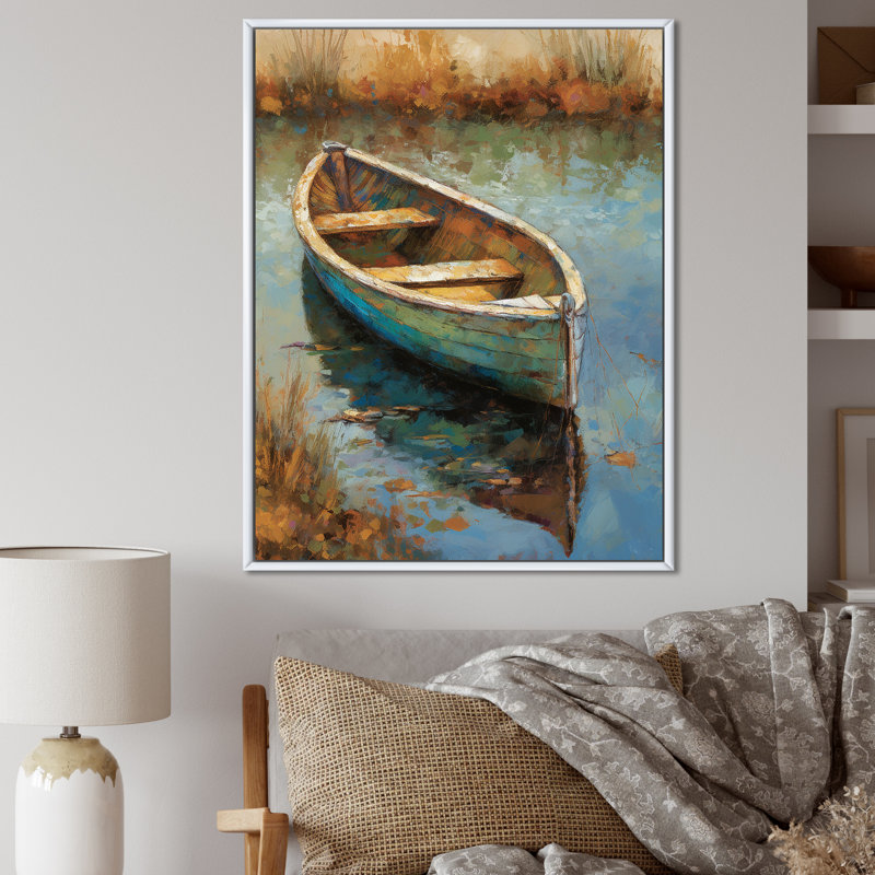 «Lake Serenity Dinghy Boat Resting On The Water I», art mural Lakehouse, H 32 po x l 16 po x P 1 po, Cadre flottant blanc