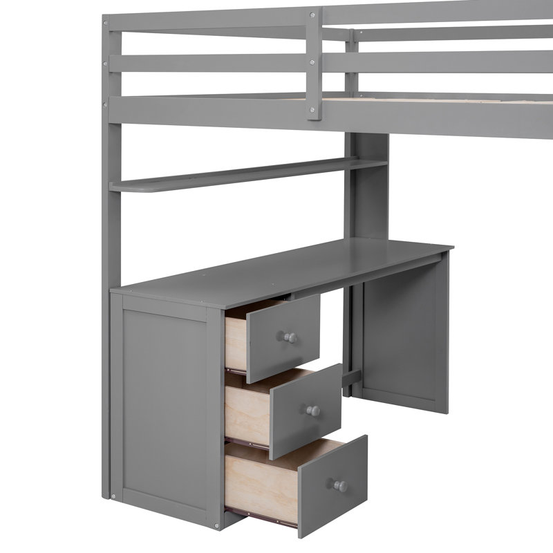 Lit mezzanine avec tiroirs, bureau et garde-robe, Gris