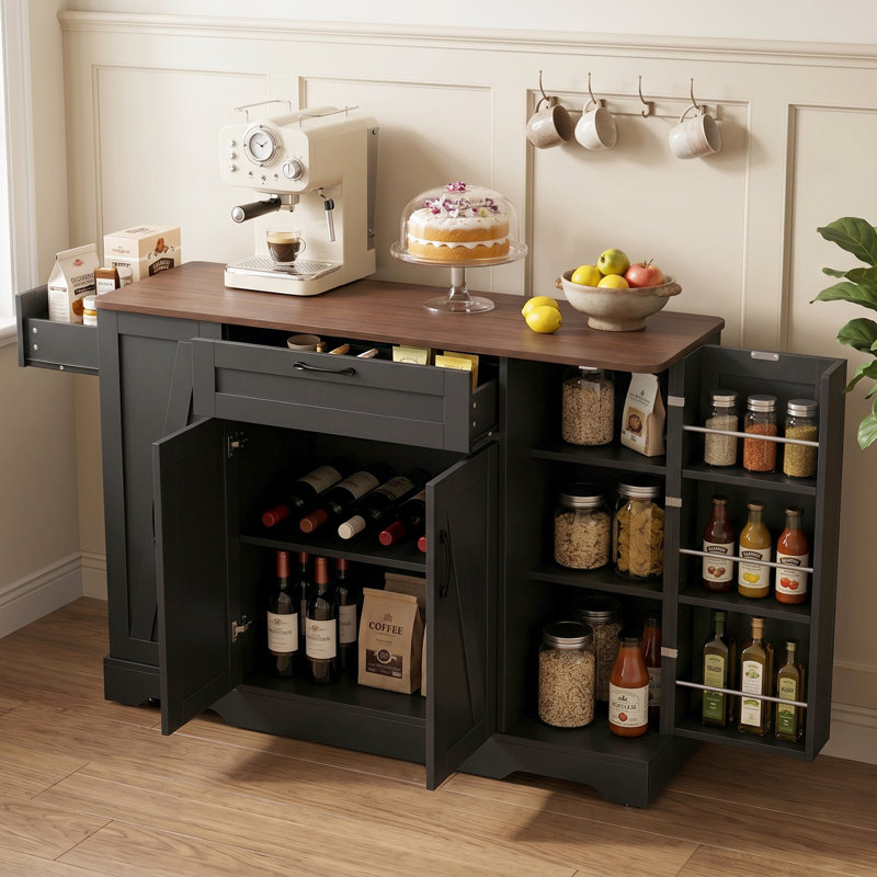 Four-Door Kitchen Island, Kitchen Trolley, Black