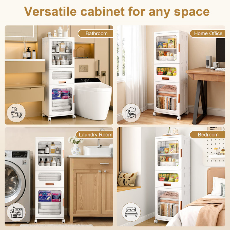 Rolling Vertical Drawer Storage Cabinet With Lid, Wheels, Stackable Slim Organizer For Bathroom, Laundry, Or Small Apartment