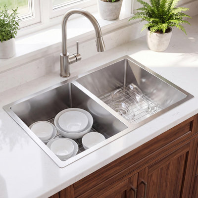 33 x 19 x 9 Inch Handmade Double Bowl 304 Stainless Steel Kitchen Sink In Silver, Includes 2 Drain Grids And 1 Drain Assembly With X-Groove Drainage And Mid-Upper Drain Hole Placement