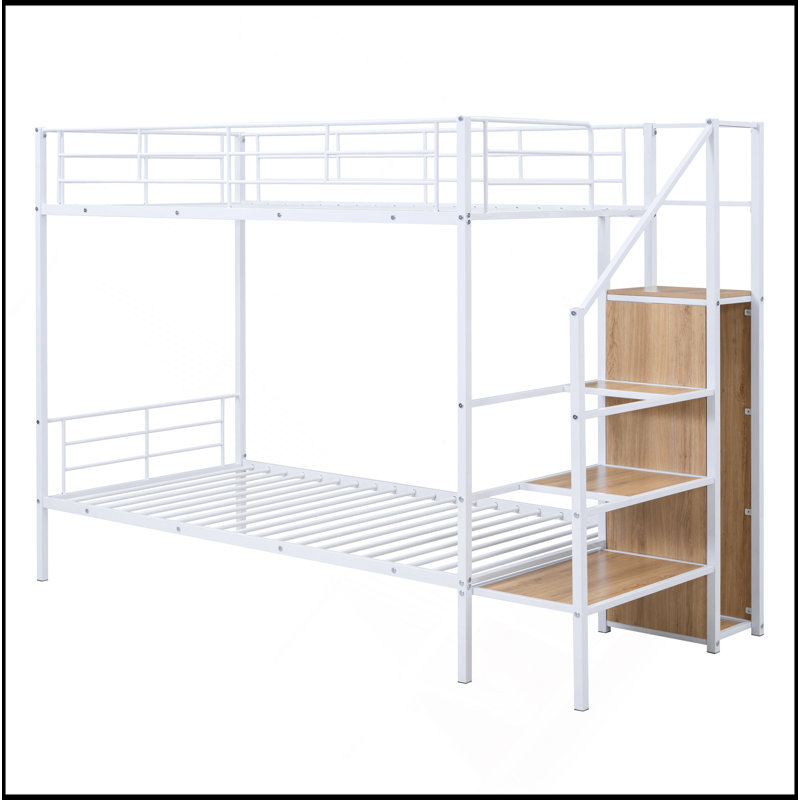 Lit superposé simple en métal avec échelle de rangement latérale et garde-robe, Blanc