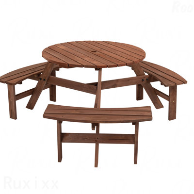 Table de pique-nique circulaire en bois brun pour 6 personnes