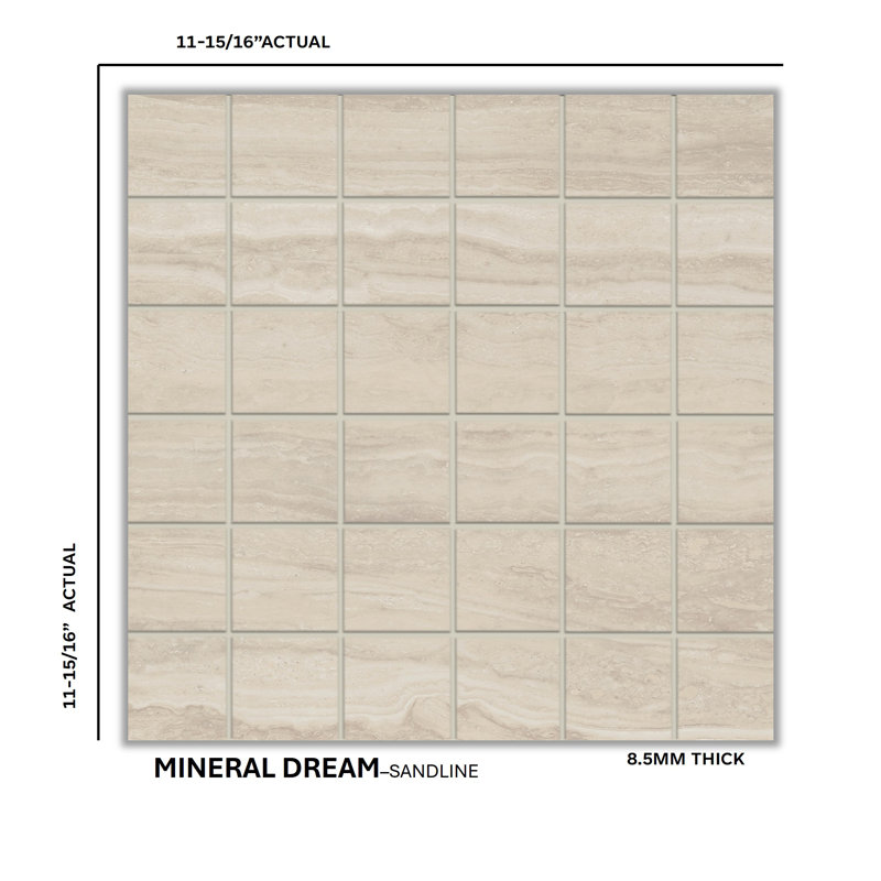 Mineral Dream 2" X 2" Porcelain Travertine Look Tile Mosaic Sheet, Sandline