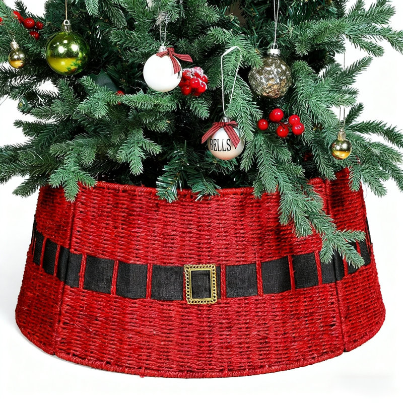 Collier de sapin de Noël en rotin, jupe d'arbre en osier rouge de 23,6 pouces avec conception de ceinture - housse de base rustique pour arbre de Noël artificiel de 7,5 pi 7 pi, décoration de Noël sur le thème du Père Noël