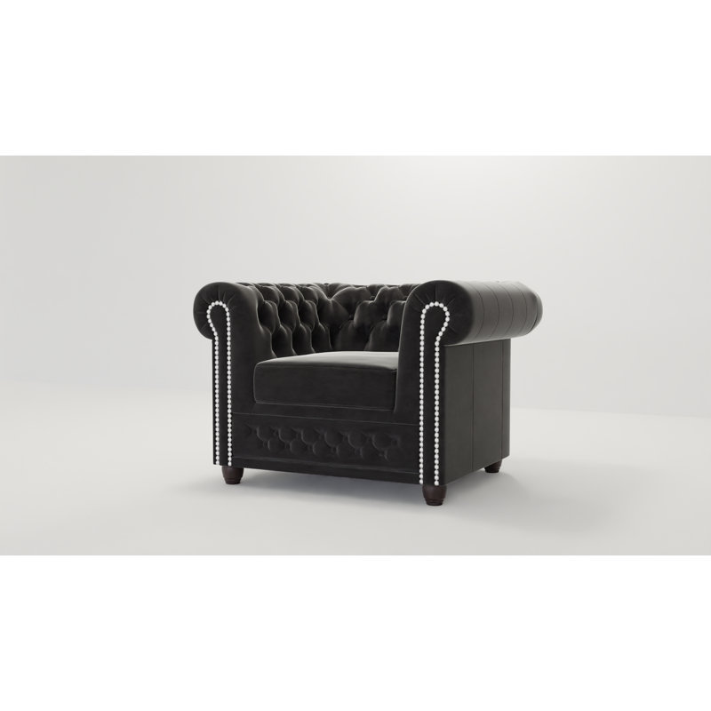 Chesterfield Armchair Hanna Made of Velvet Fabric with Solid Wood Legs, Black