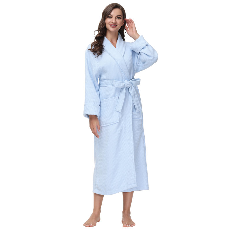 Blue Cotton Waffle Knit Ankle-Length Bathrobe