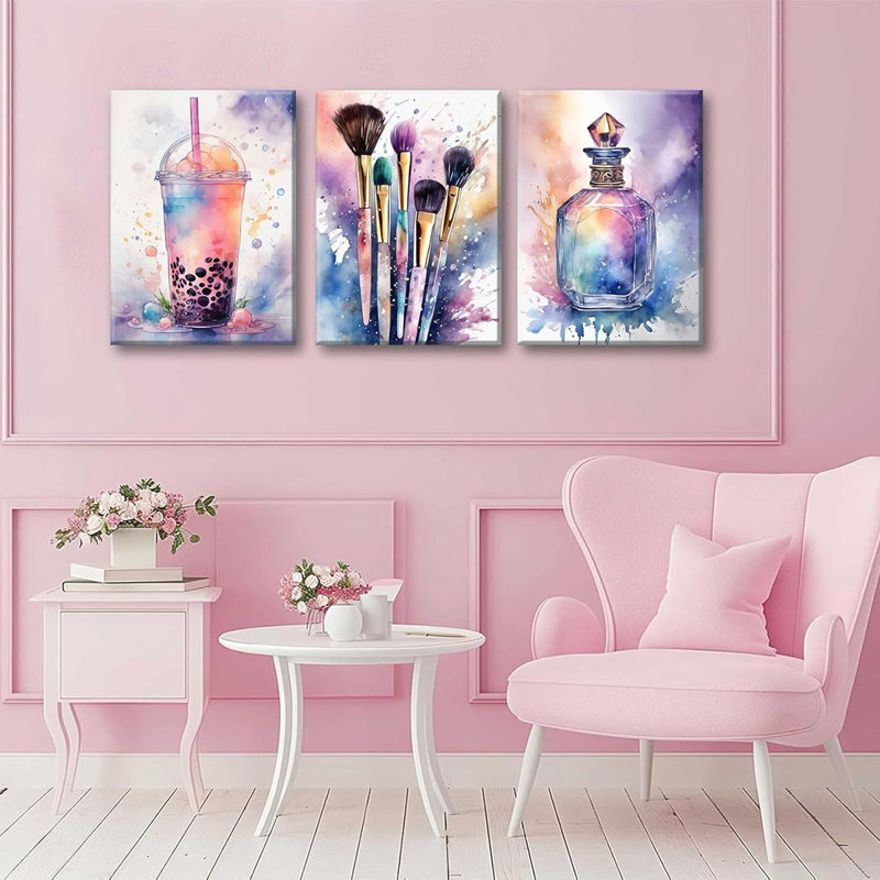 3Pcs Teen Girls Bedroom Wall Art Pink and Purple Splash Picture Prints Makeup Enthusiast Teenager Posters Painting Drinks Makeup Brushes and Perfumes Canvas Wall Decor for Girls Bedroom Framed