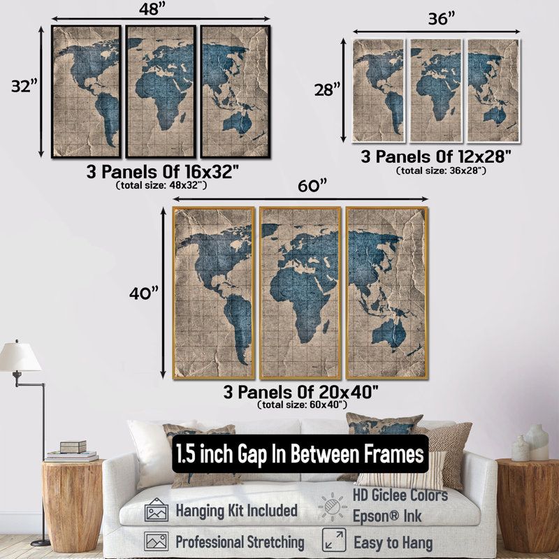Ancienne carte du monde I - 3 pièces sur toile, cadre flottant, 40" H x 60" W, Argent