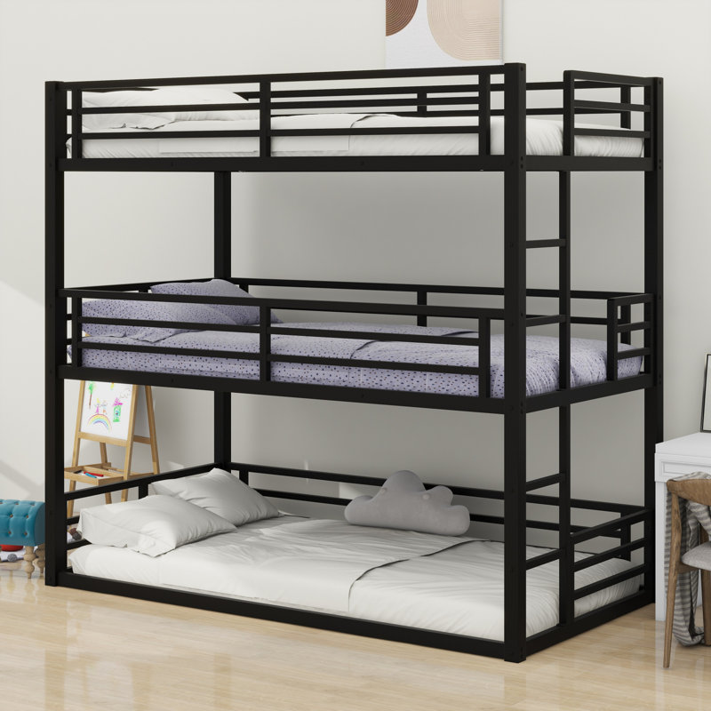 Metal Triple Bunk Bed With Guardrails, Queen Over Full XL Over Queen, Black