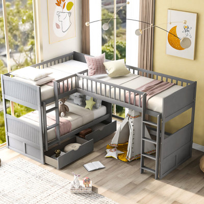 Lit superposé simple Space avec mezzanine et deux tiroirs gris - Conception avec possibilités de rangement pratiques